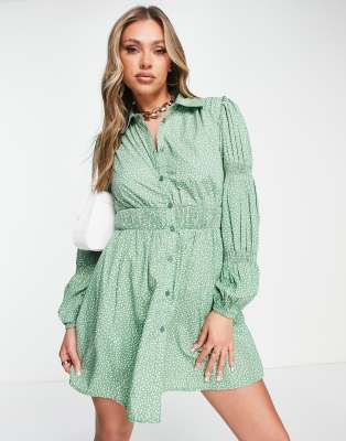 Ax Paris Cinched Waist Shirt Dress In Green Ditsy Floral ModeSens