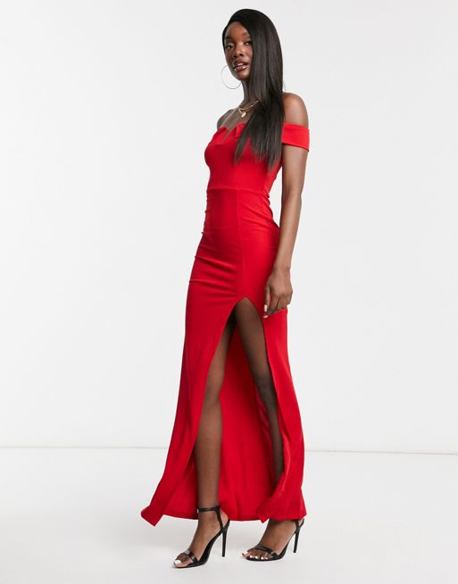 AX Paris – Czerwona sukienka maxi z dekoltem bandeau i rozcięciem | ASOS