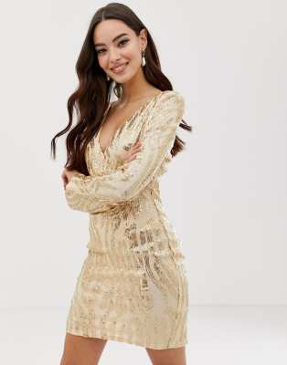 AX Paris deep v long sleeve sequin dress-Gold