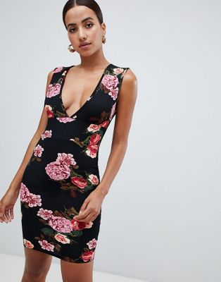 AX Paris - Diepuitgesneden mini-jurk met rozenprint-Zwart