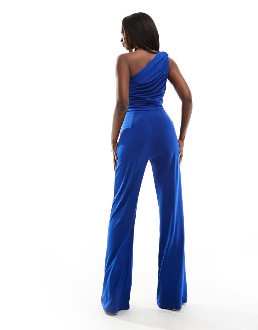AX Paris double layered slinky one shoulder wide leg jumpsuit in cobalt blue , 2 of 4