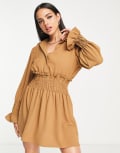 [AX Paris] AX Paris elasticated waist mini dress in camel-Neutral 10 Camel