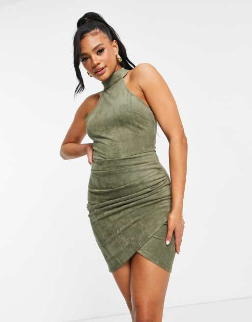 AX Paris faux suede wrap mini dress in khaki