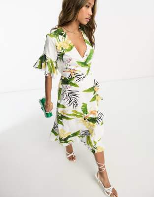 AX Paris AX Paris flutter sleeve wrap midi dress in floral-Multi