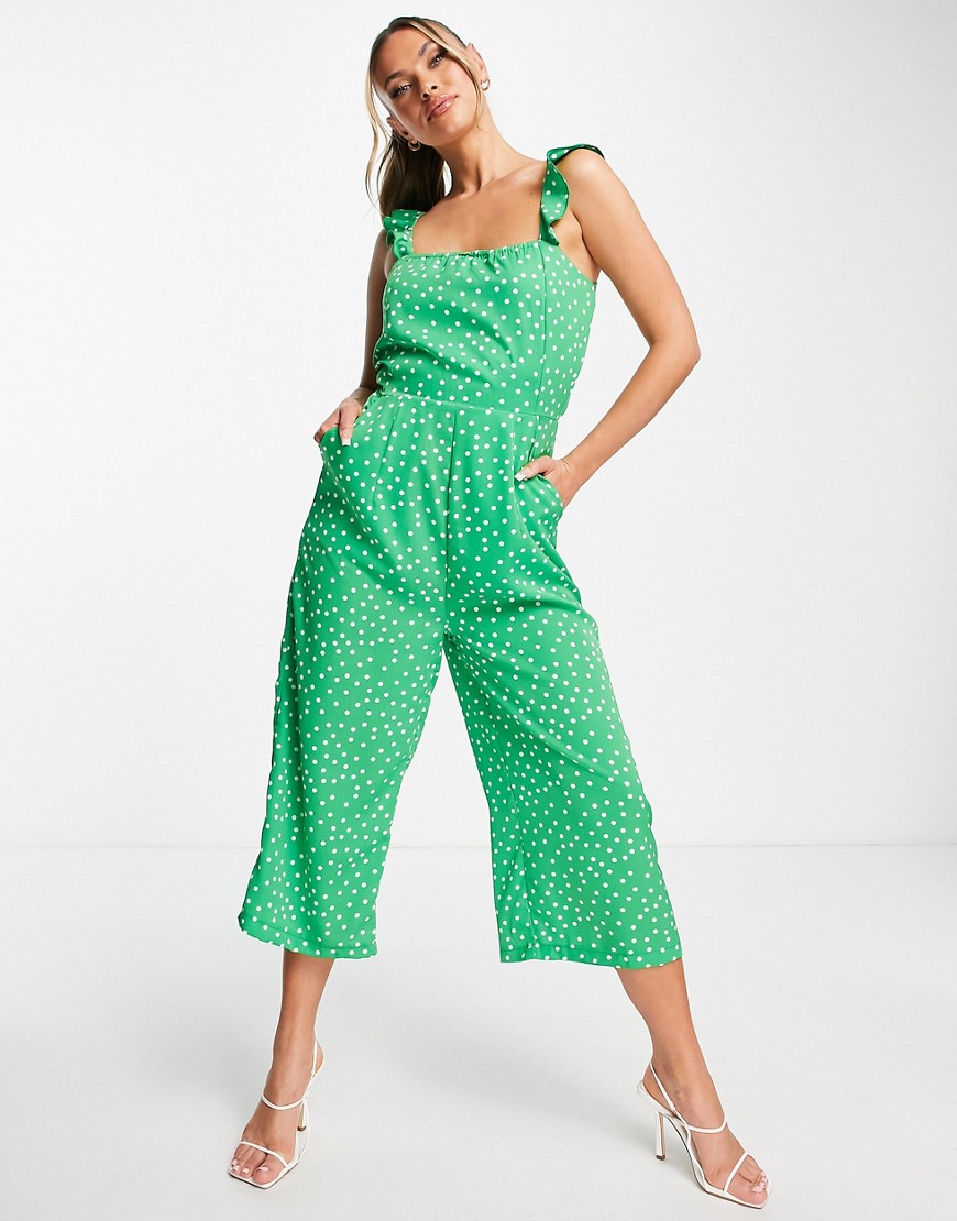 frill strap culotte jumpsuit in green polka