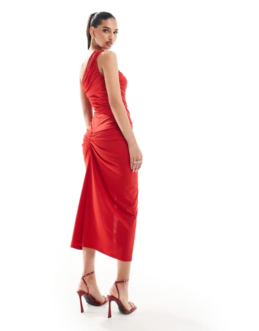 AX Paris – Gerafftes, figurbetontes Midikleid in Rot mit One-Shoulder-Träger und verdrehtem Detail, 4 von 4
