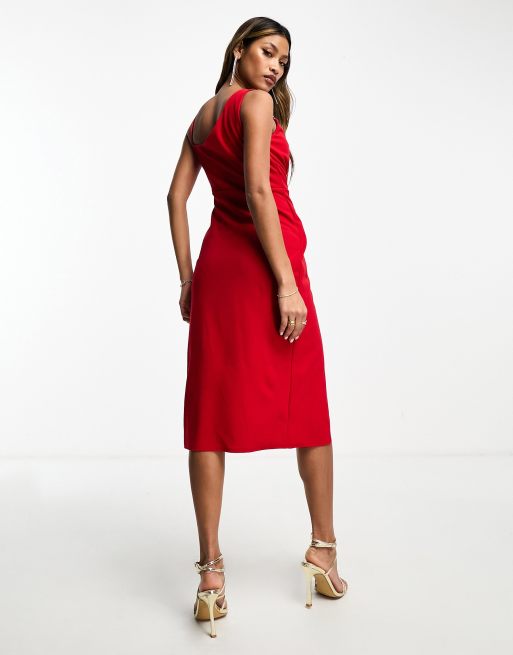 knee length dresses for ladies Plum Pleated Wrap Cowl Neck Satin Midi Dress – AX Paris main image 1