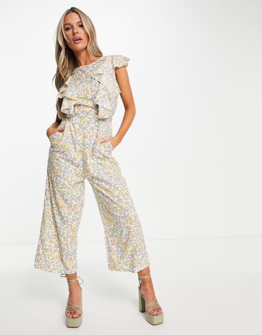 AX Paris – Gul, djurmönstrad jumpsuit i chiffong med volang framtill