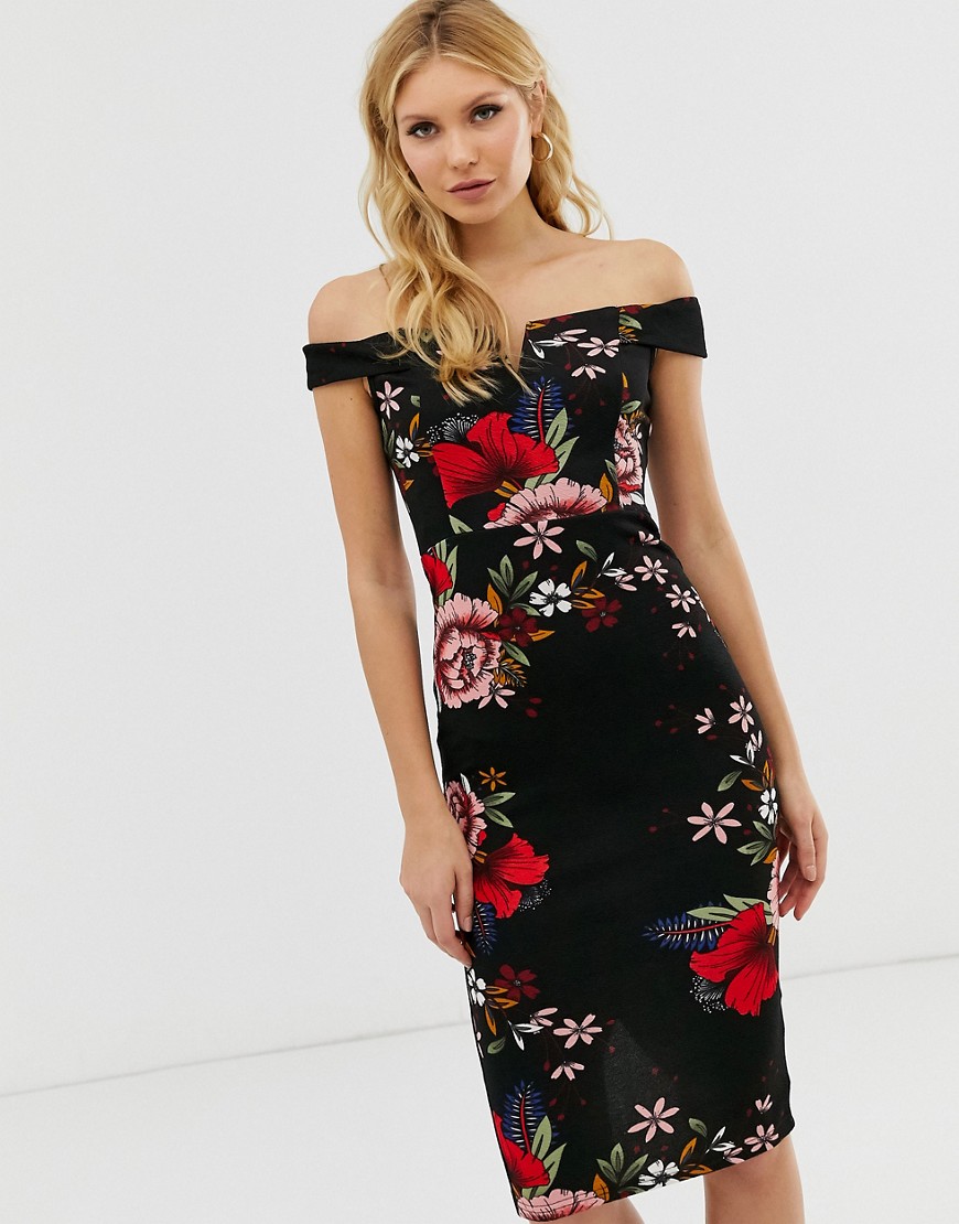 AX Paris - Halflange bardot-jurk met bloemenprint-Zwart