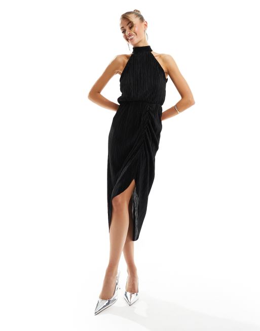 AX Paris halterneck plisse midi dress in black