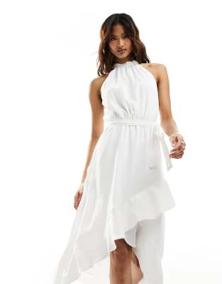 halterneck ruffle hem tie waist midi dress in white