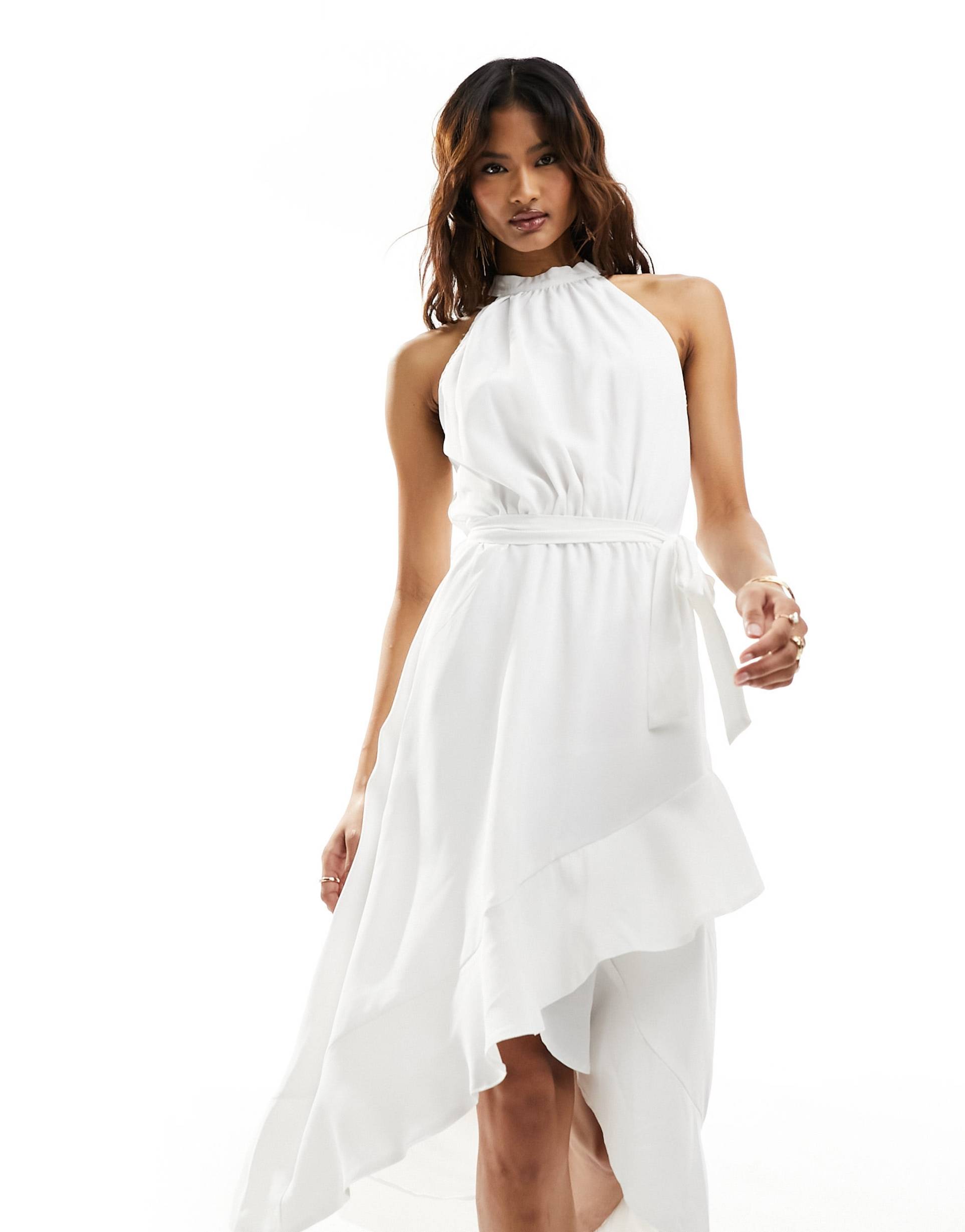 ax paris halterneck ruffle hem tie waist midi dress in white