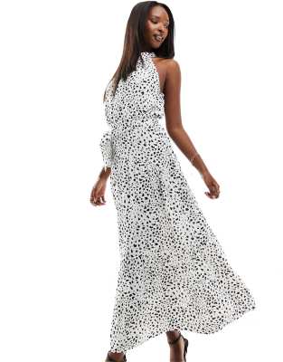 AX Paris AX Paris halterneck tie waist maxi dress in white spot print-Multi