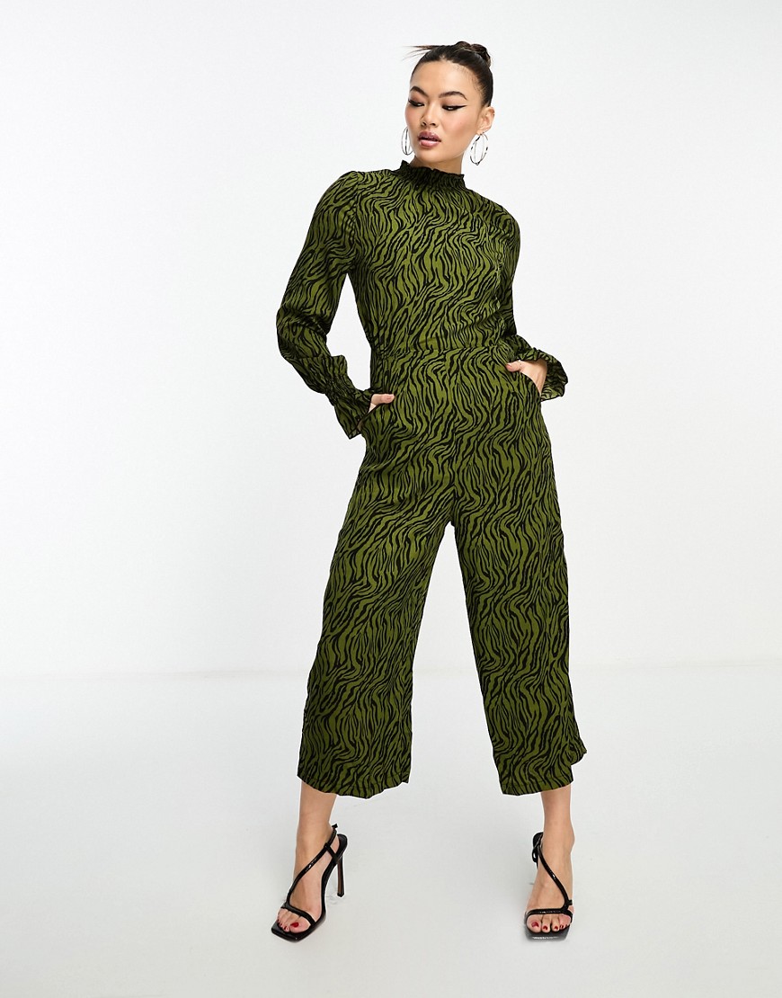 AX Paris high neck culotte jumpsuit in green animal print