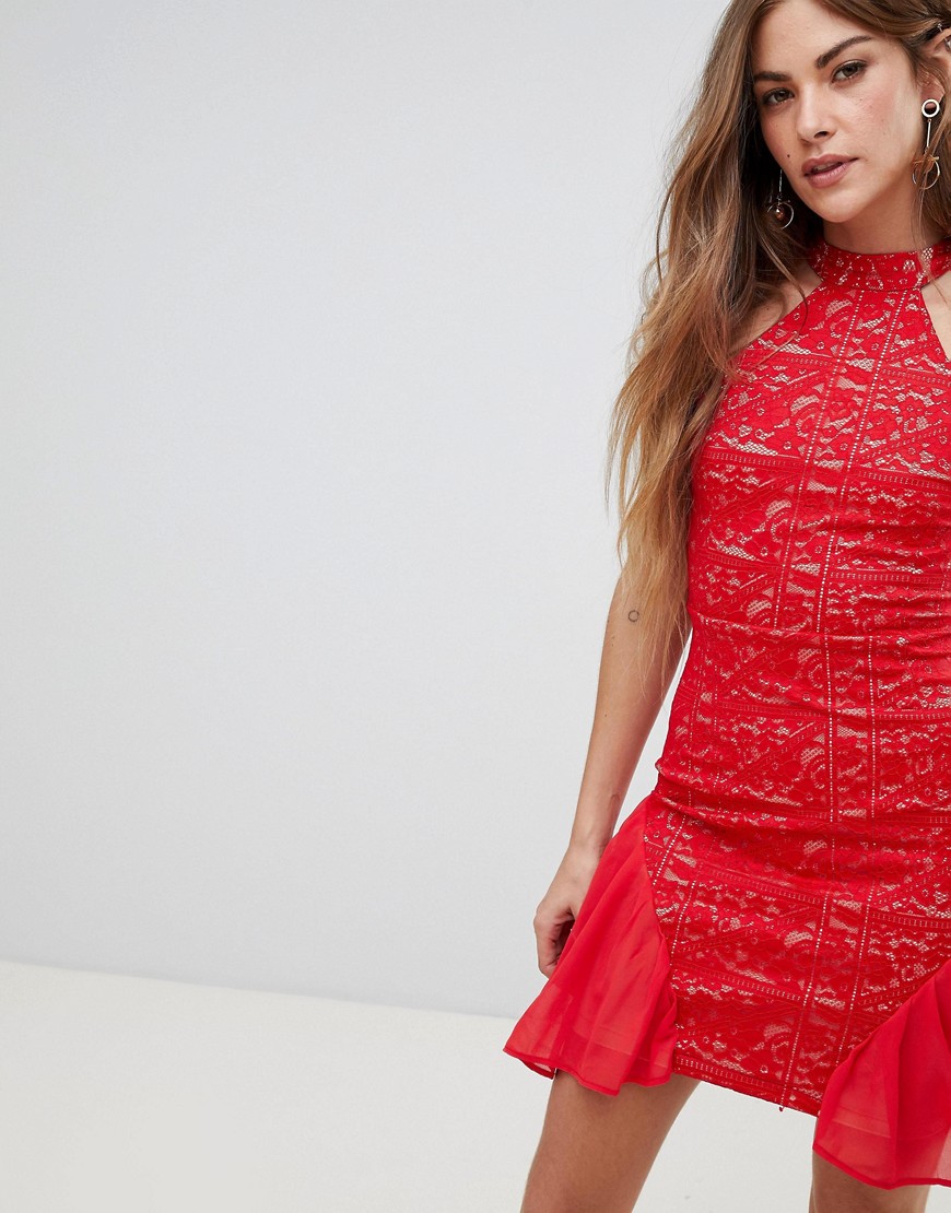 AX Paris High Neck Lace Skater Dress-Red