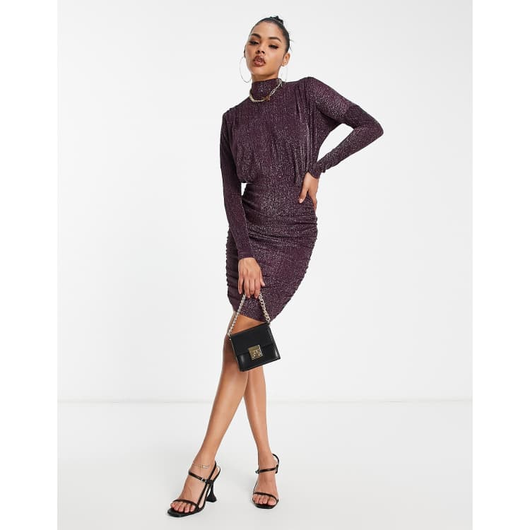 Black Sparkle And Sequin Long Sleeve Ruched Bodycon Midi Dress – AX Paris