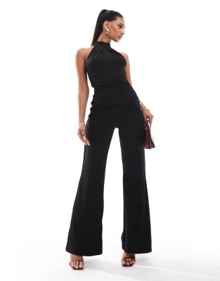 AX Paris - Hochgeschlossener, geraffter Jumpsuit in Schwarz mit weitem Bein