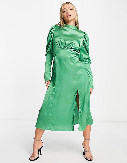 AX Paris - Hooggesloten midi-jurk van satijn met split in groen