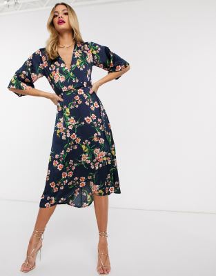 Ax Paris Kimono Midi Dress In Navy Floral-multi