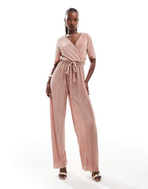 AX Paris Kurzarmliger Plissee Jumpsuit in Rosa mit Wickeloptik ASOS