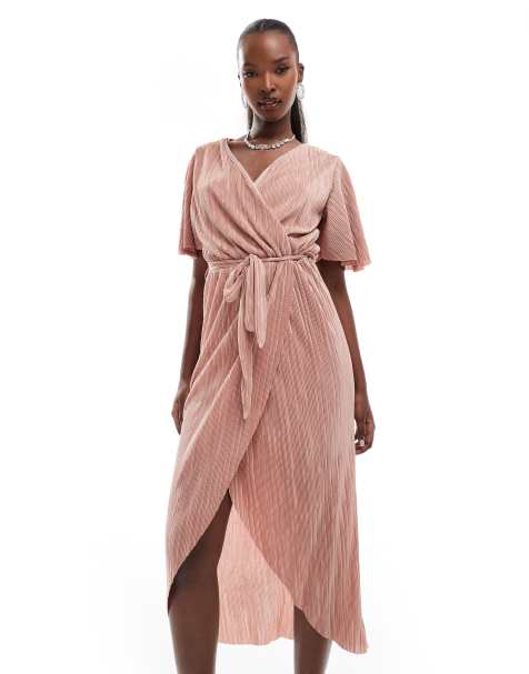 AX Paris – Kurzärmliges, plissiertes Midi-Wickelkleid in Rosa - view 1