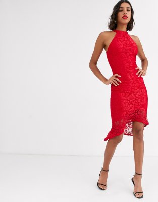 red halter neck midi dress