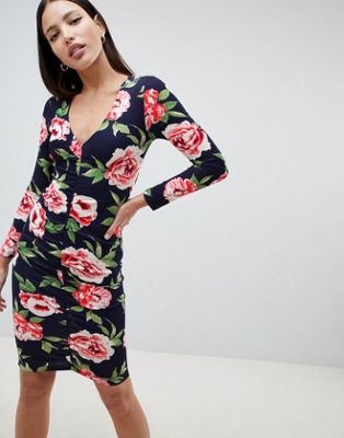 AX Paris - Långärmad blommig klänning med V-ringning-Marinblå