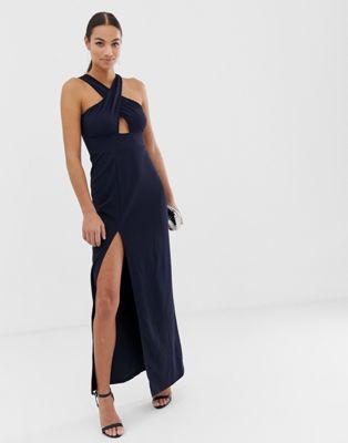AX Paris - Lange jurk met split en uitsnijding-Marineblauw