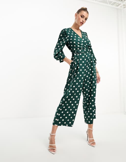 AX Paris - Langærmet jumpsuit med polkaprikker i grøn