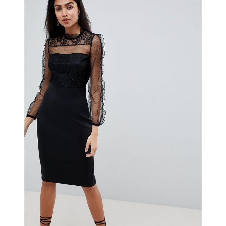 Black Ruffle Mesh Sleeve Bodycon Dress – AX Paris