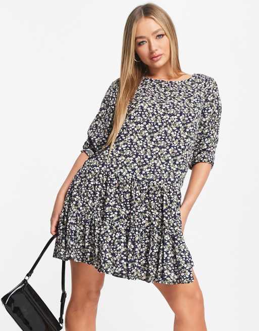 AX Paris long sleeve mini shift dress in black ditsy polka