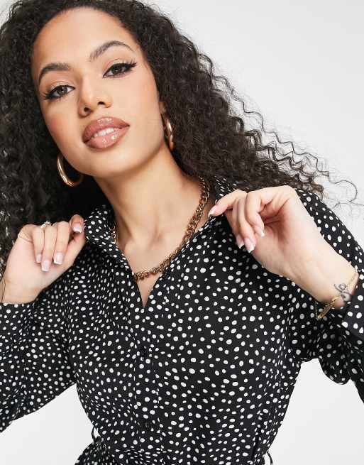 AX Paris long sleeve shirt dress in black and white ditsy polka