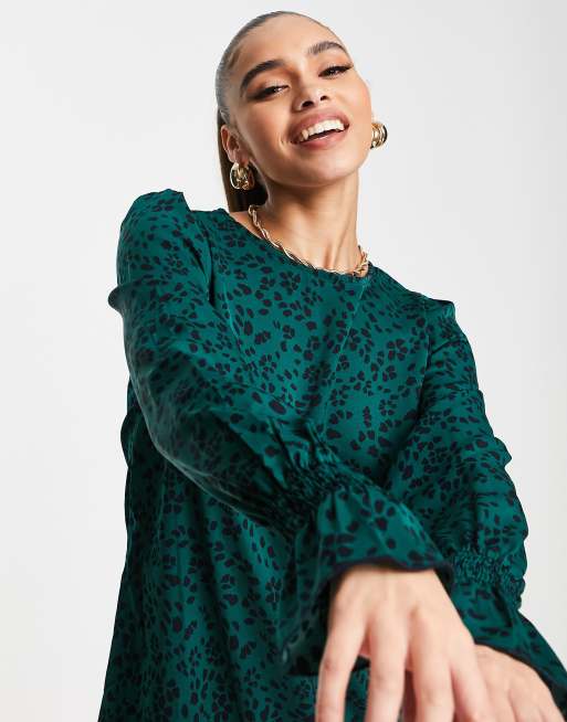 Green Leopard Print Long Sleeve Smock Midi Dress – AX Paris