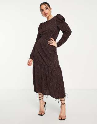 AX Paris long sleeved tiered hem midi dress in brown