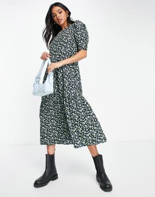 Ax Paris Midi Dress With Elastic Waist In Navy & Green Floral ModeSens