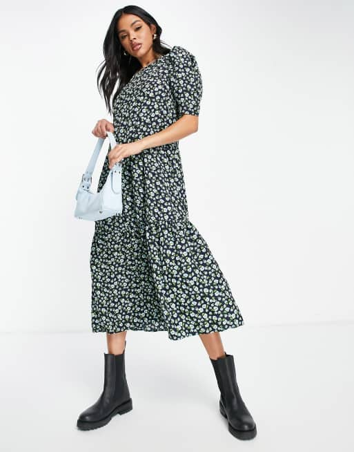 AX Paris midi dress elastic waist in navy green floral | ASOS