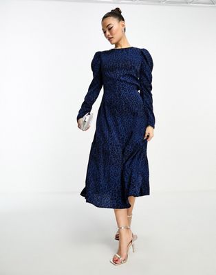 AX Paris midi dress with puff sleeve in blue animal print