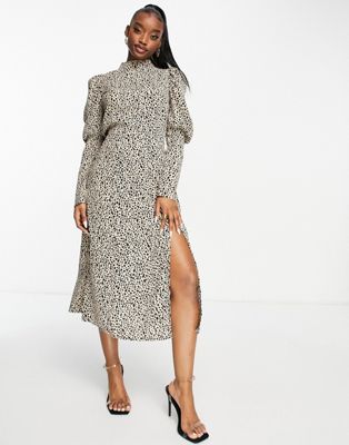 AX Paris midi dress with ruched sleeve in natural animal print