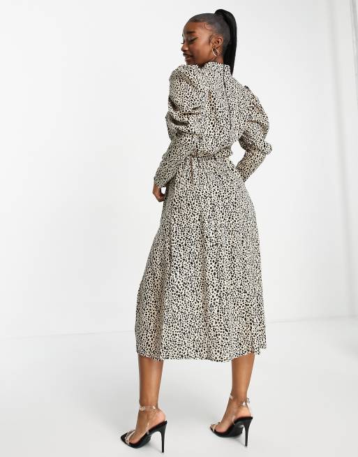 AX Paris midi dress with ruched sleeve in natural animal print