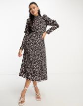 ASOS DESIGN high neck pleated long sleeve skater midi dress with