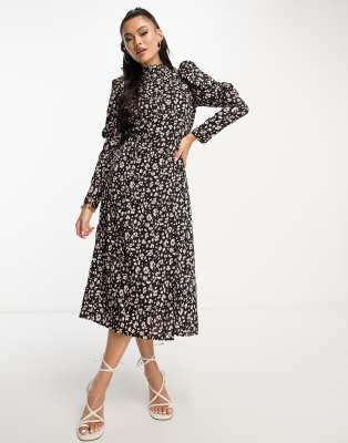 AX Paris midi dress with ruched sleeves in black floral