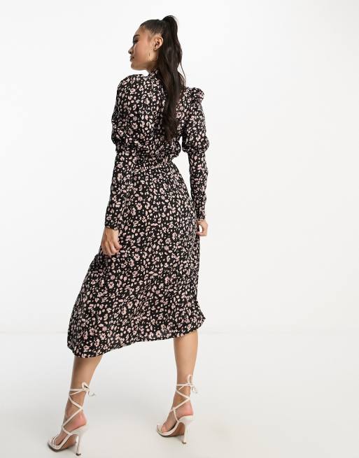 AX Paris midi dress with ruched sleeves in black floral