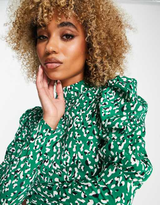 Green Printed Ruched Sleeve Frill Hem Dress – AX Paris