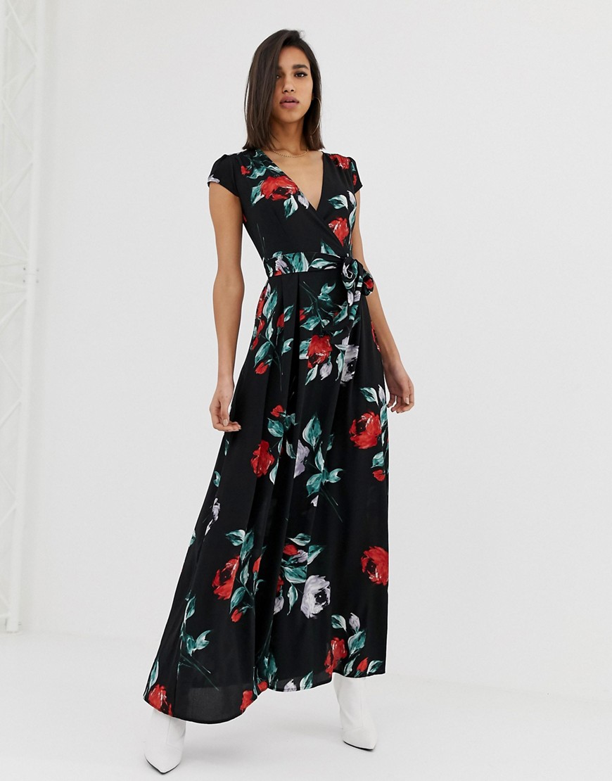 AX Paris - Midi-jurk met bloemen-Zwart