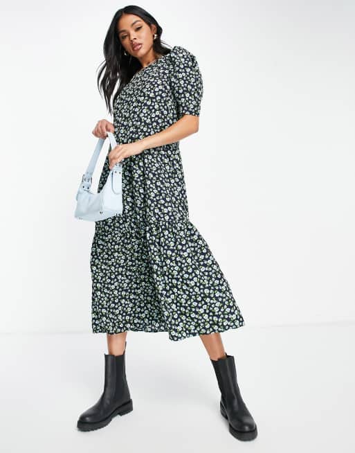AX Paris - Midi-jurk met elastische taille in marineblauw met groene bloemenprint