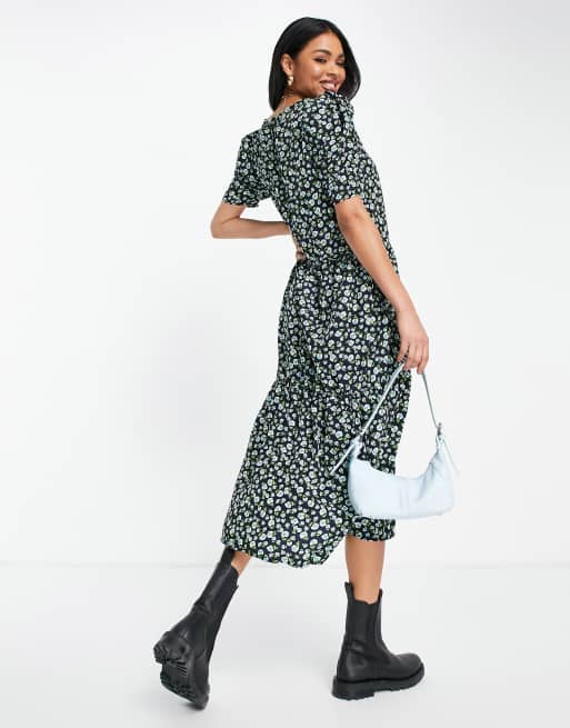 AX Paris - Midi-jurk met elastische taille in marineblauw met groene bloemenprint, 3 van 4