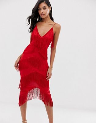 AX Paris - Midi-jurk met kwastjes-Rood