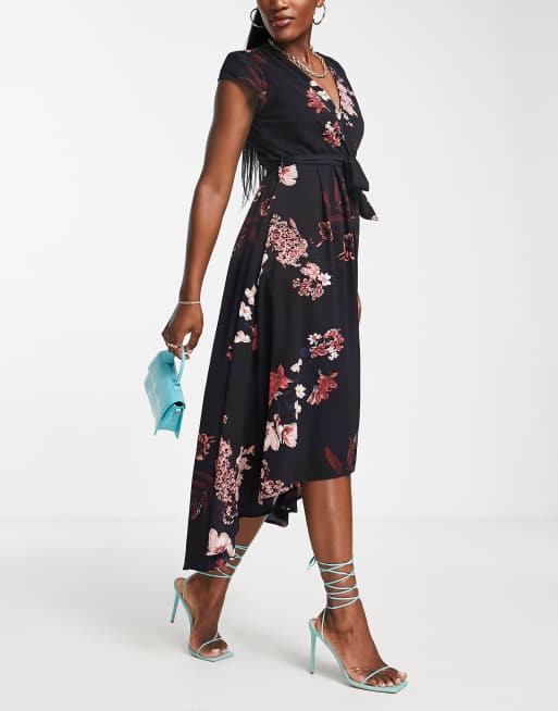AX Paris - Midi jurk met overslag en bloemenprint in marineblauw