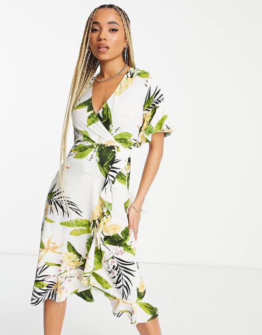 AX Paris - Midi-jurk met overslag, fladdermouwen en bloemenprint