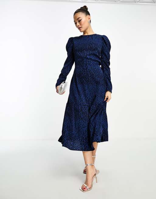 AX Paris - Midi-jurk met pofmouwen en dierenprint in blauw